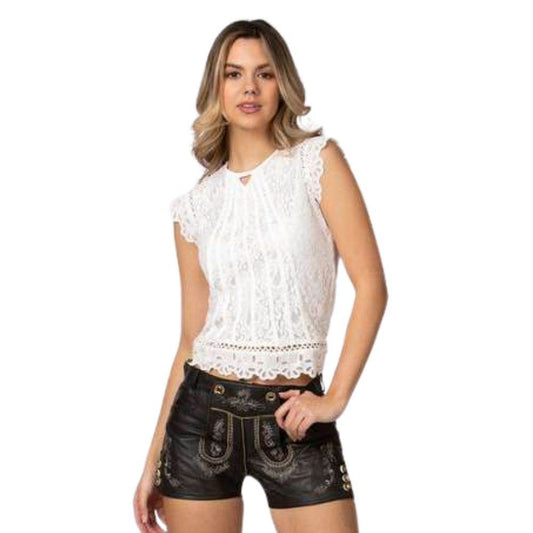 Dark brown suede trachten shorts worn high-waist, embroidered panels and metal button details