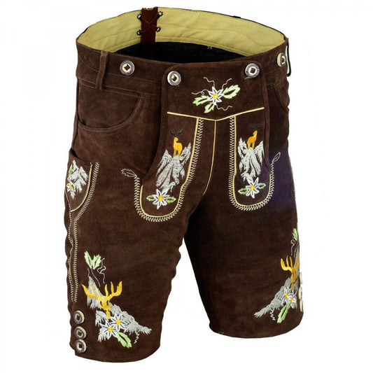 Brown leather lederhosen shorts with two front panels, floral embroidery and belt straps