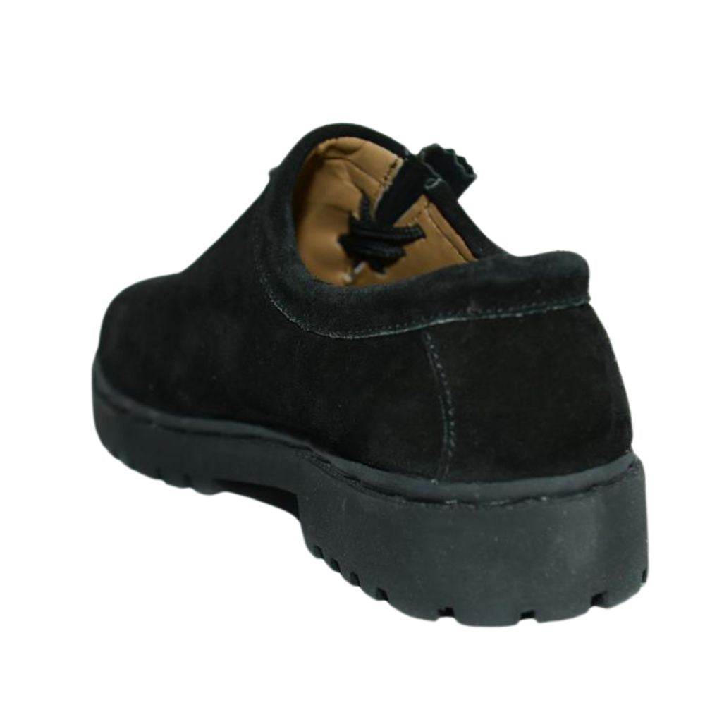 Black suede Trachten shoes, rear view with padded collar and chunky sole.
