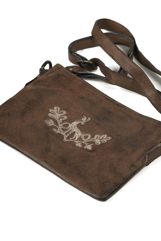 Brown suede-style bag with white embroidered crest, zip top, and adjustable strap