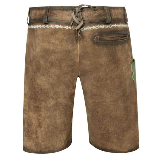 Men's brown leather lederhosen with laced waistband, side pocket, and contrast trim stitching