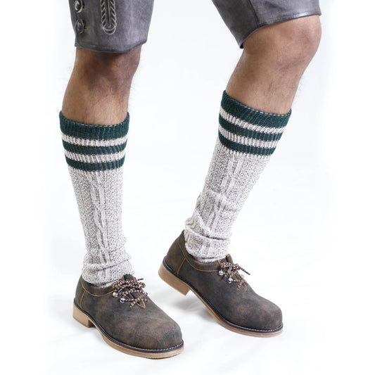 Traditional light gray socks with dark green and white striped cuffs and ribbed top