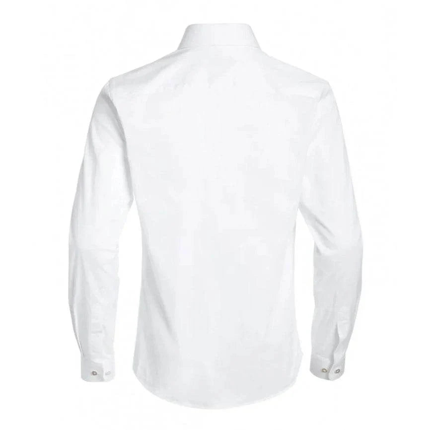 Men's white button-up dress shirt, long sleeves, plain back