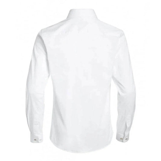Men's white button-up dress shirt, long sleeves, plain back