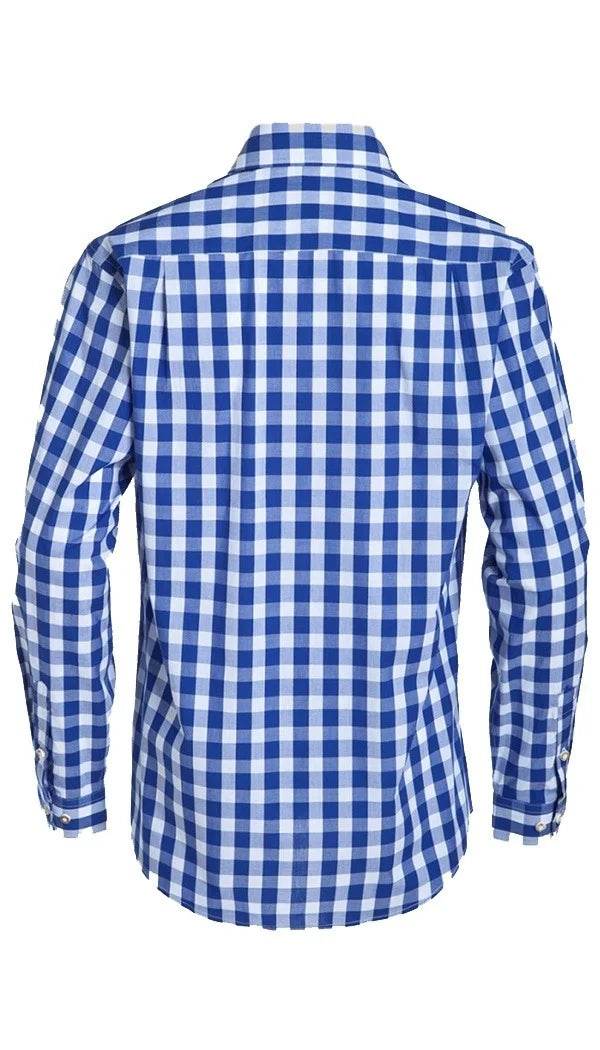 Men's Oktoberfest check shirt, blue-and-white long-sleeve button-up with Kent collar, back