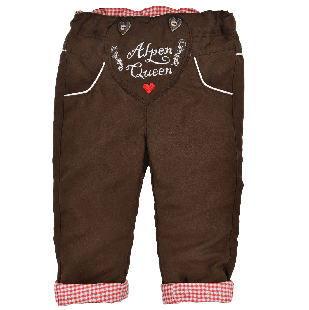 Brown faux leather baby lederhosen with embroidered Alpen Queen heart and red gingham cuffs