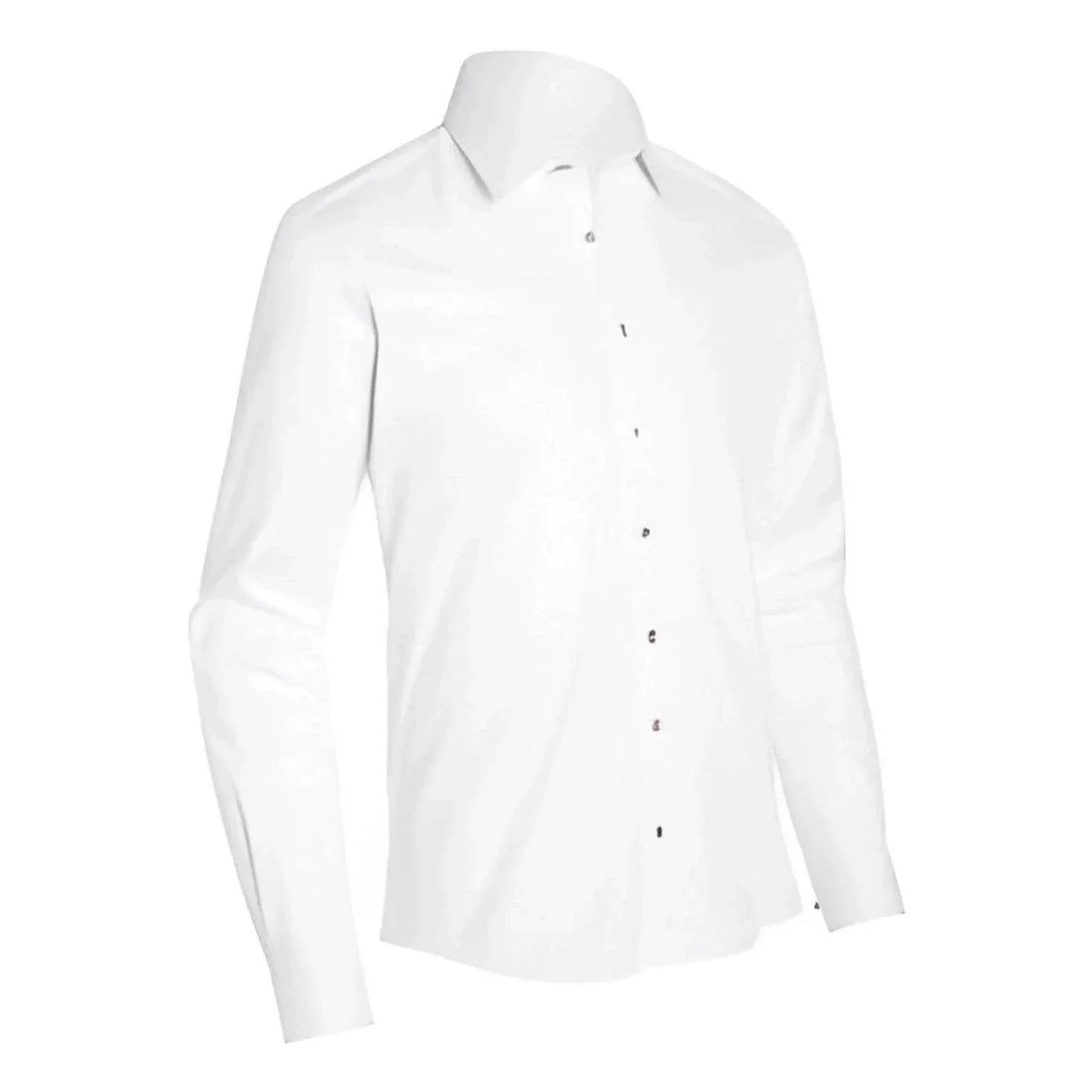 Men's white button-up dress shirt, long sleeves, front button placket