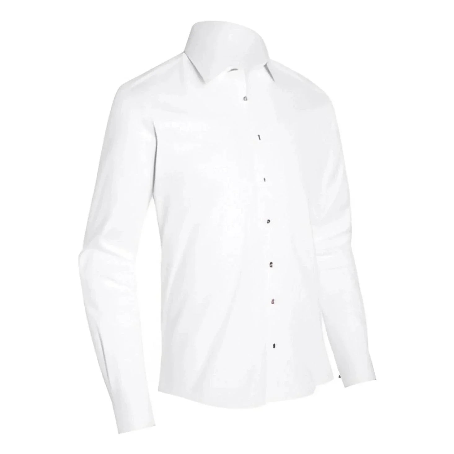 Men's white button-up dress shirt, long sleeves, front button placket