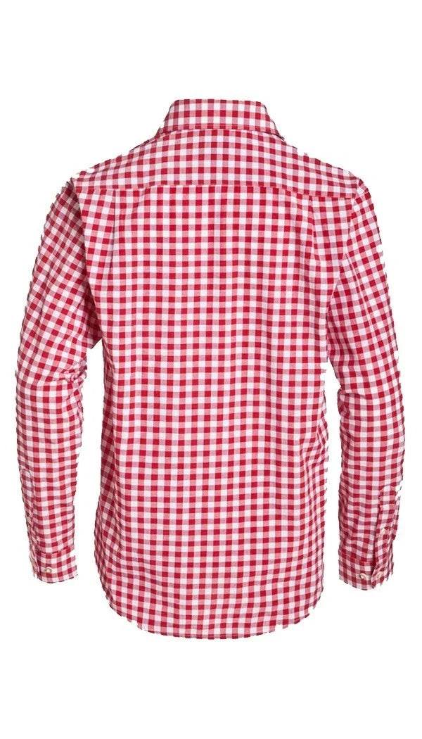 Men's red and white checkered button-up shirt, back view