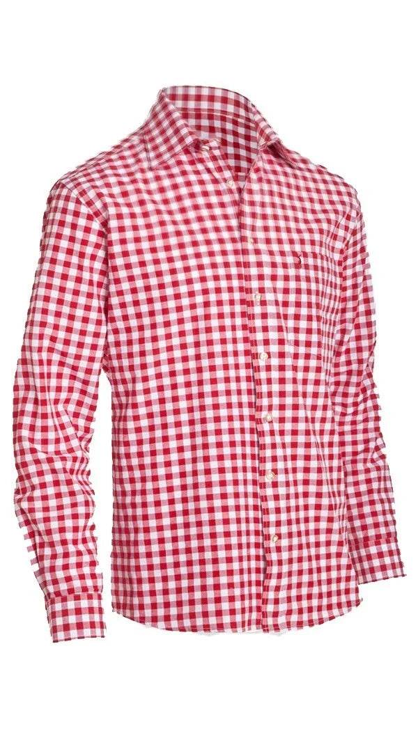 Men's red and white checkered button-up shirt with pointed collar