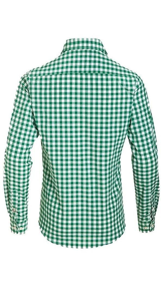 Men's green plaid lederhosen shirt back view, long sleeves, stand collar