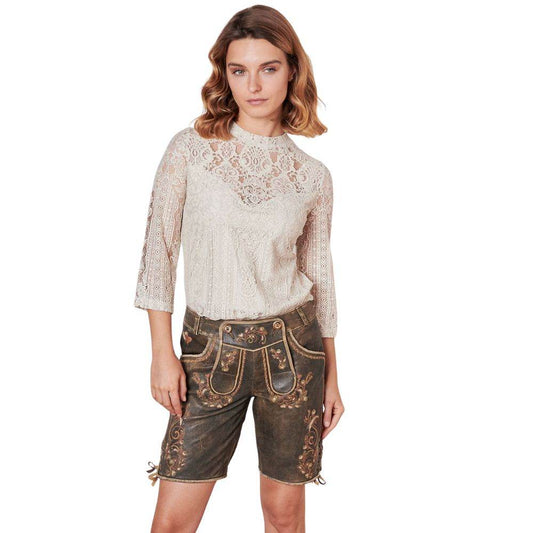 Women’s dark brown leather shorts with ornate floral embroidery and front metal buttons