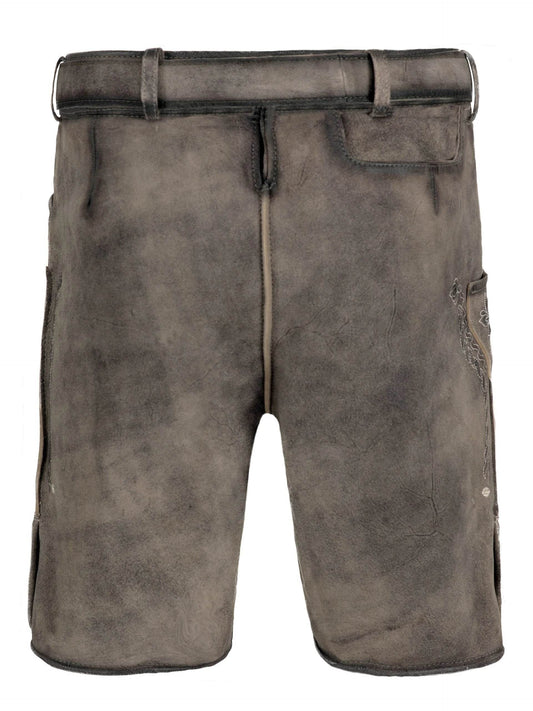 Men's dark gray suede lederhosen with wide belt loops and center fly