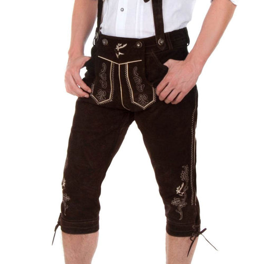 Men's dark brown lederhosen shorts with button waistband and embroidered accents
