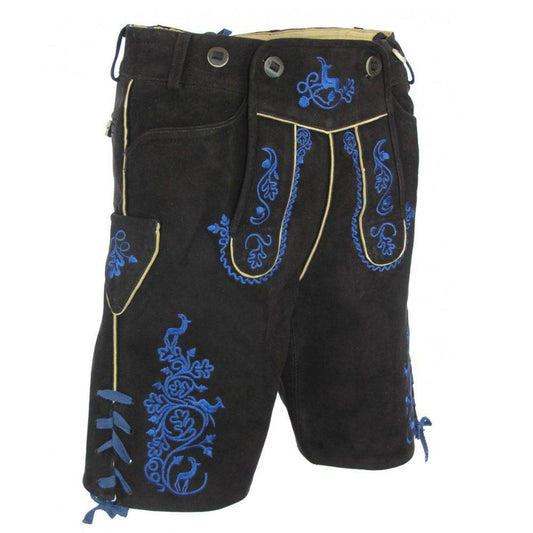 Dark suede leather shorts for men with blue embroidery, gold trim, and ribbon ties