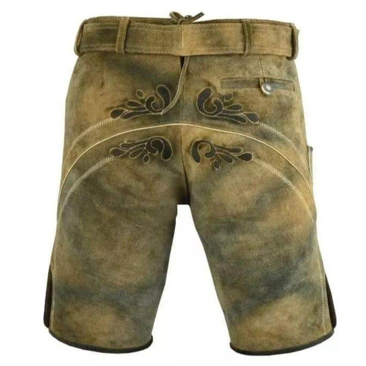 Brown traditional lederhosen back view with belt loops, yoke seam, and buttoned pockets
