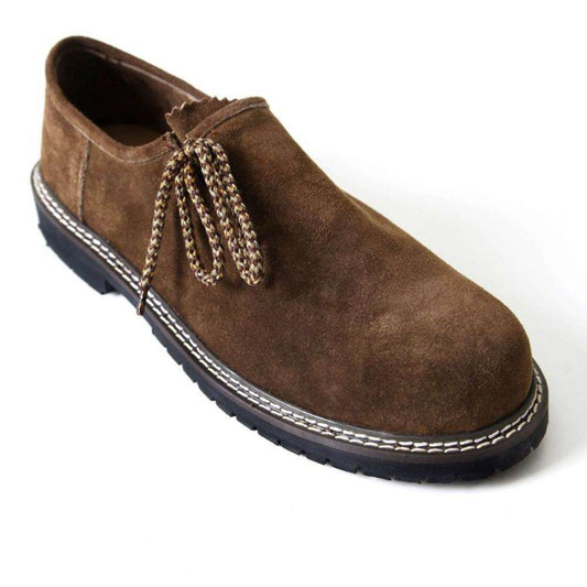 Men's brown suede leather slip-on shoes with braided tassel detail and contrast stitching