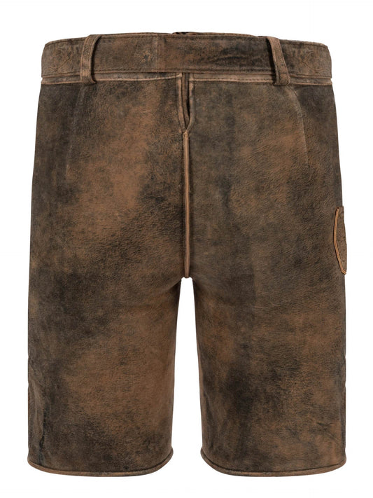 Men's brown traditional lederhosen shorts with plain front panels and belt loops