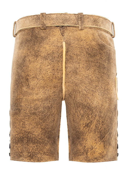 Brown leather lederhosen shorts with straight-cut legs, belt loops, front fly detail