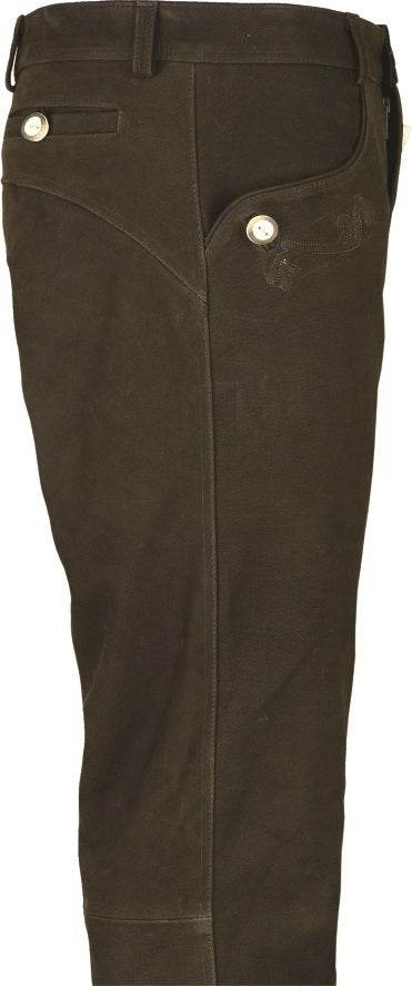 Dark brown leather lederhosen close-up of front panel and metal buttons