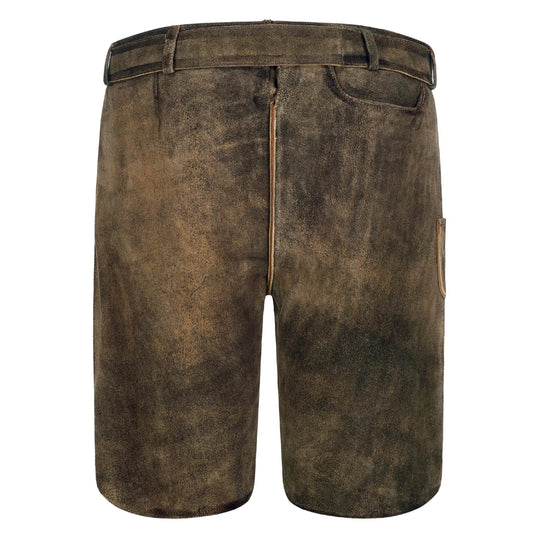 Men's dark brown lederhosen shorts with waistband and side pockets, rear view
