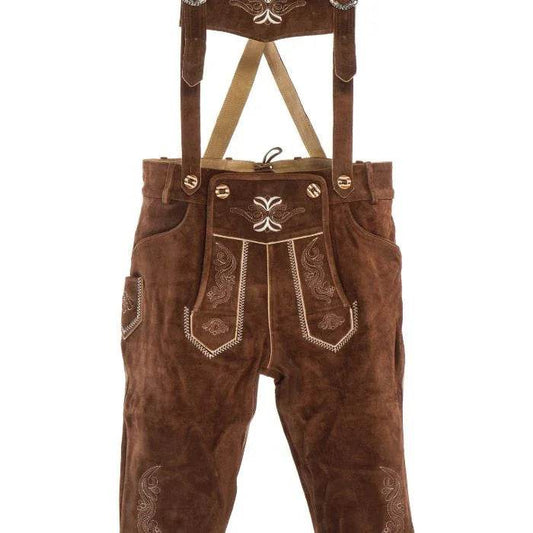 Dark brown suede lederhosen with decorative yoke embroidery and shoulder braces