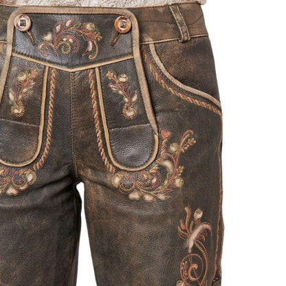 Bayerische Damen Lederhose kurz dunkelbraun mit Ziernähten - Lederhose Herren