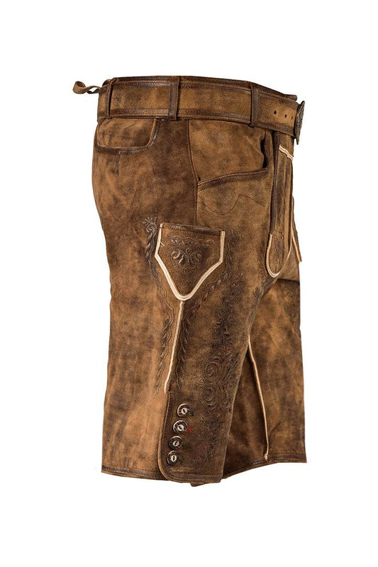 Brown leather lederhosen shorts with front pocket tabs, laced suspenders, metal buttons