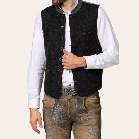 Charcoal sleeveless vest with stand collar, dark buttons, contrast-trim chest pocket