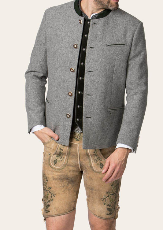 Gray men’s trachten jacket with green inner placket and horn buttons, plus chest pocket