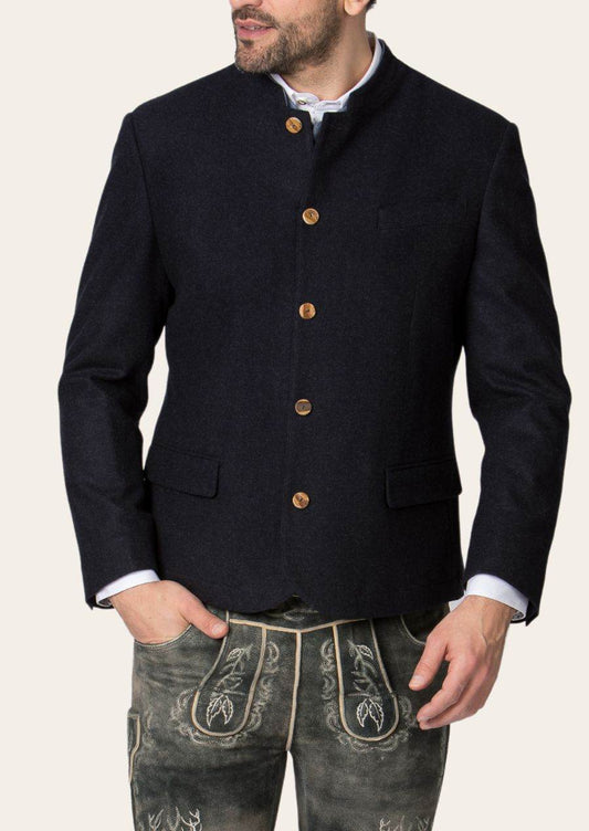 Men's dark navy janker with gold buttons, stand collar, chest pocket, and side pockets