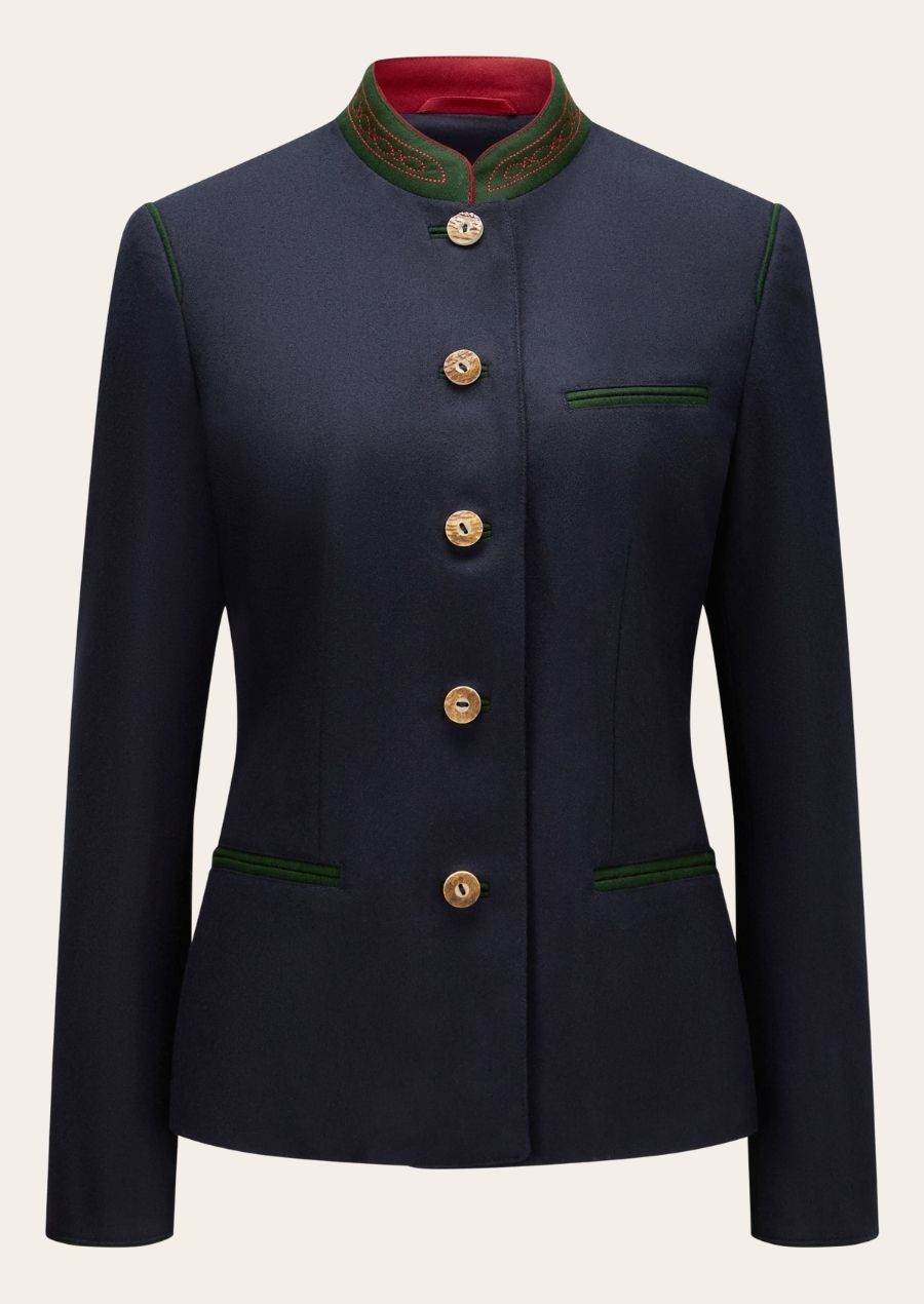 Women's Oktoberfest jacket, navy with green trim and front buttons