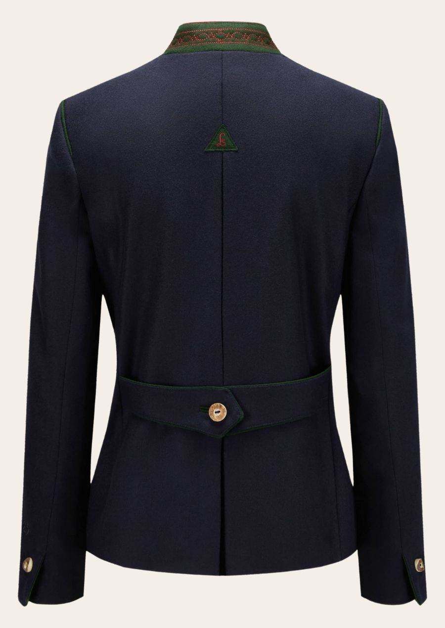 Women's Oktoberfest jacket back, navy with green piping and embroidered crest