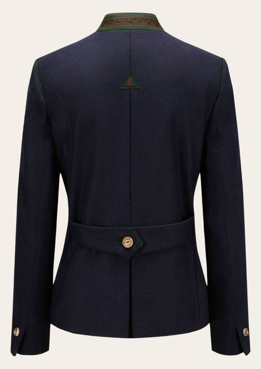 Women's Oktoberfest jacket back, navy with green piping and embroidered crest