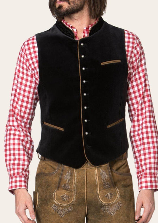 Black waistcoat with standing collar, silver buttons, and brown trim; worn over check shirt