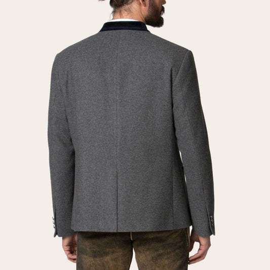 Mens dark gray jacket back view with tailored seam and buttoned sleeve cuff