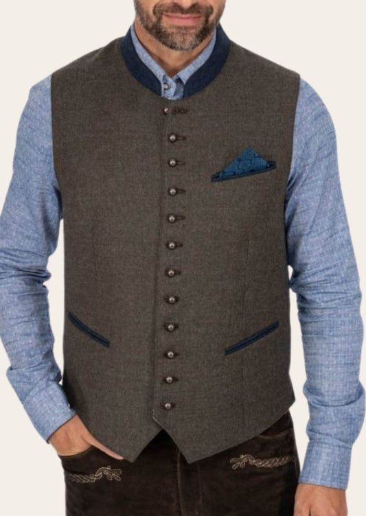 Brown waistcoat with blue trim, silver button front, and triangular blue chest pocket