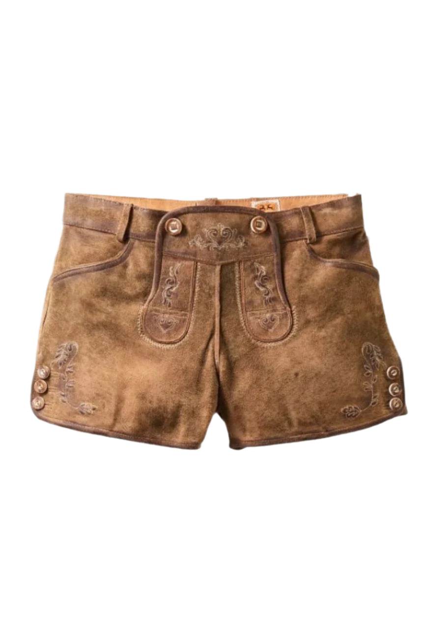 Brown leather shorts with lace-up waistband and stitched decorative panels