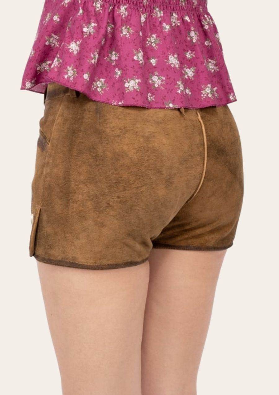 Brown leather shorts with stitched back yoke and plain rear waistband