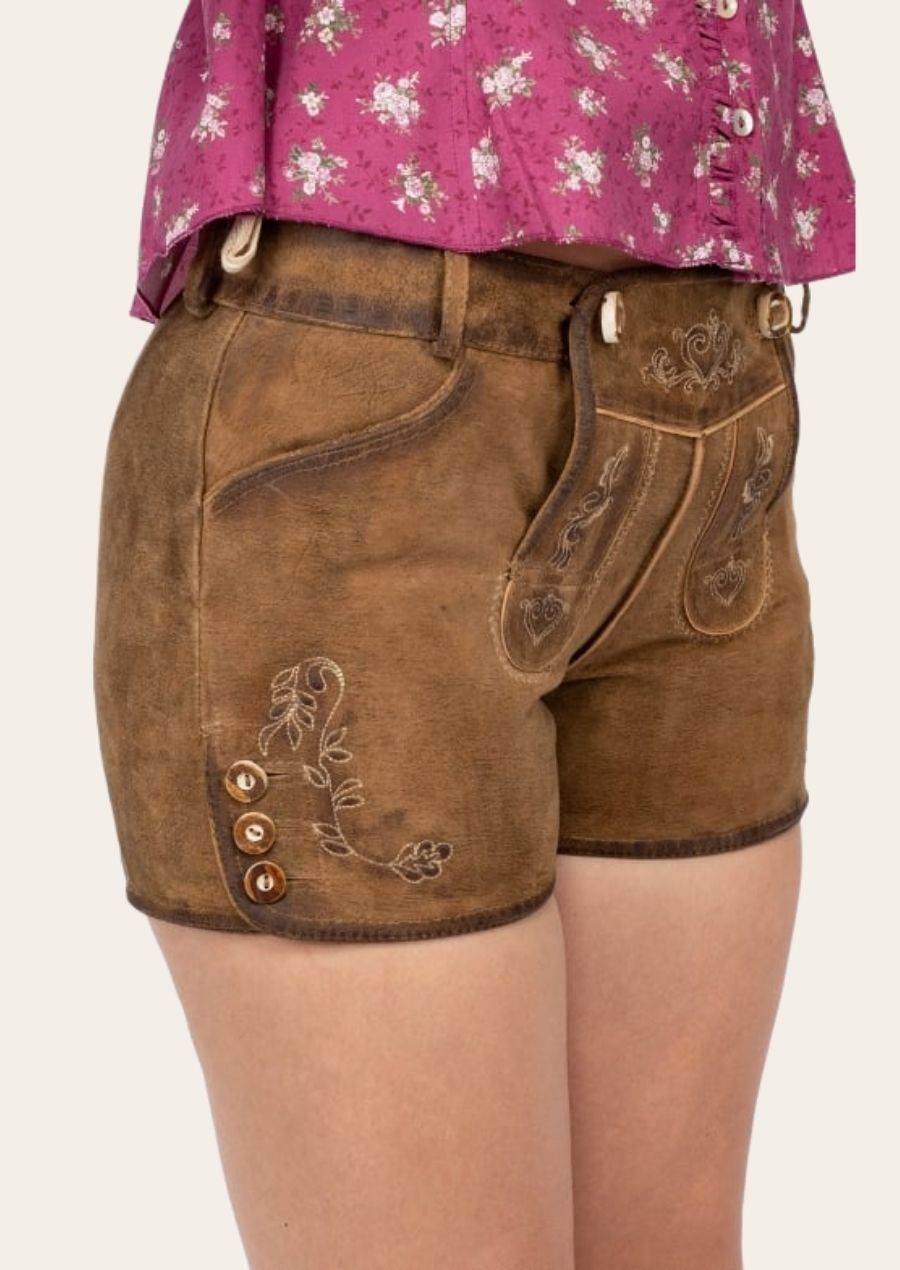 Brown leather shorts with ornate embroidery and lace-up waistband