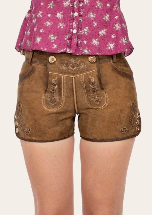 Brown leather shorts with metal-button pocket flaps and decorative stitching