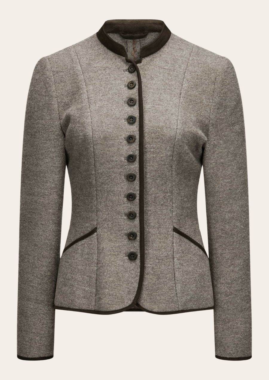 Women's traditional jacket, gray with stand collar, dark button front and flap pockets.