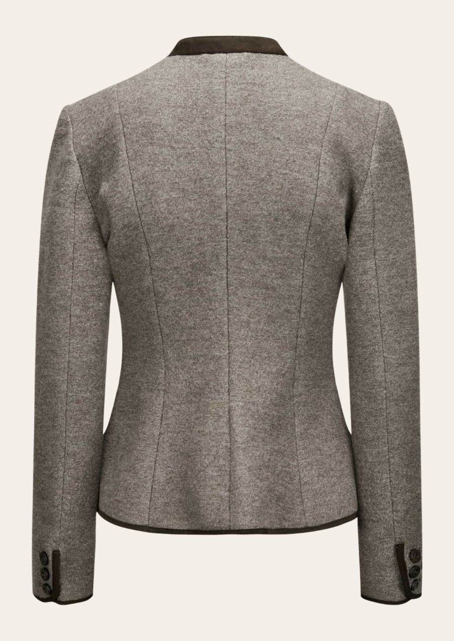 Women's traditional jacket back, gray with curved seam lines and stand collar.