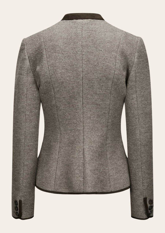 Women's traditional jacket back, gray with curved seam lines and stand collar.