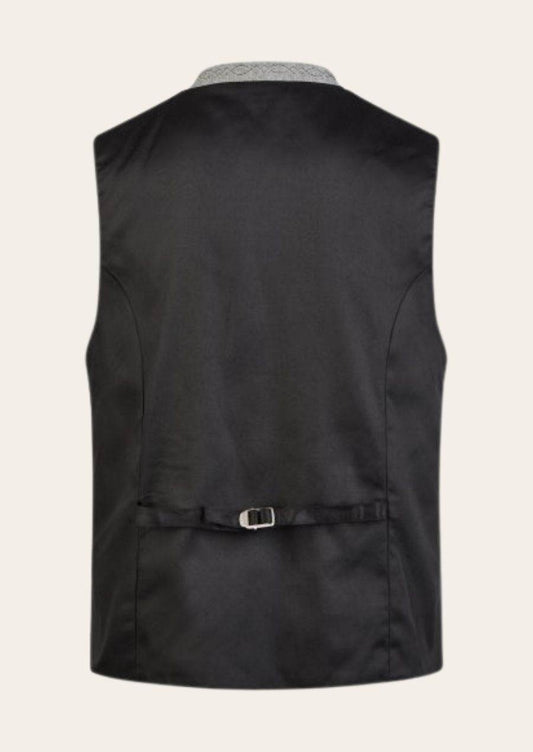 Dark waistcoat vest back view with smooth fabric and adjustable belt strap
