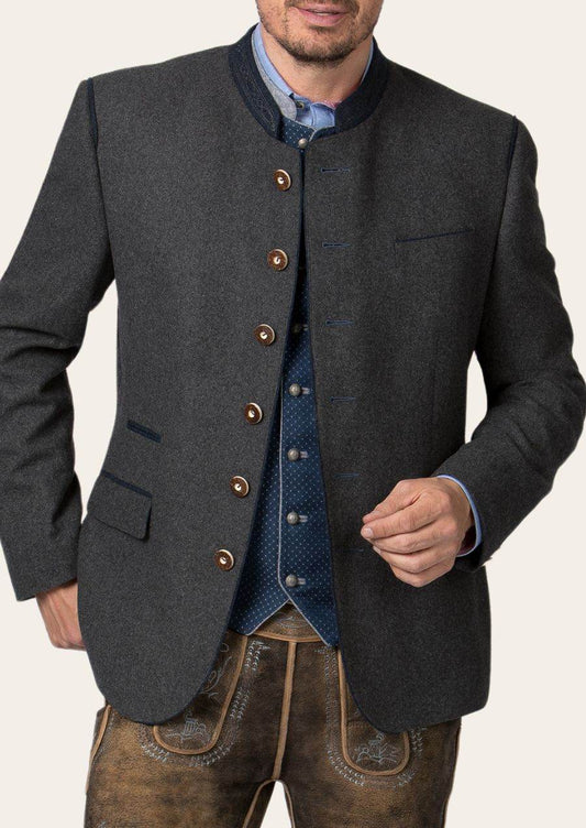Men's traditional gray jacket over blue patterned vest, brown buttons, flap pockets