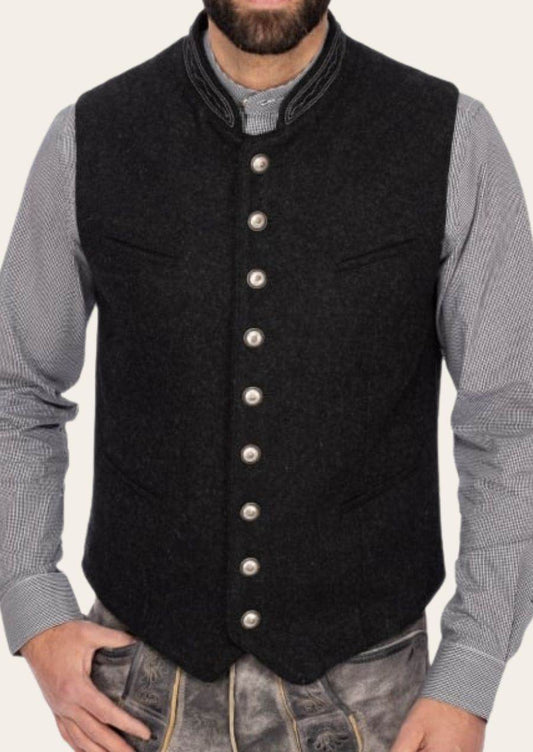 Black waistcoat vest with stand collar, silver buttons, and flap pockets