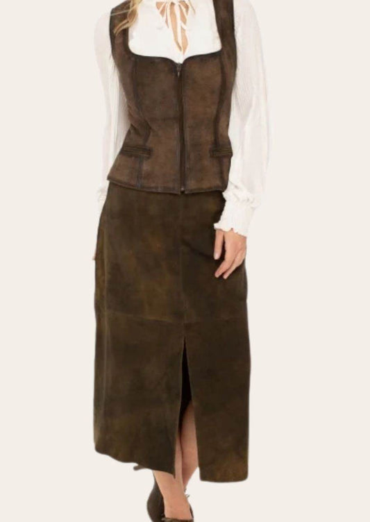 Women's leather-look traditional skirt with high waist and front slit, olive-brown midi