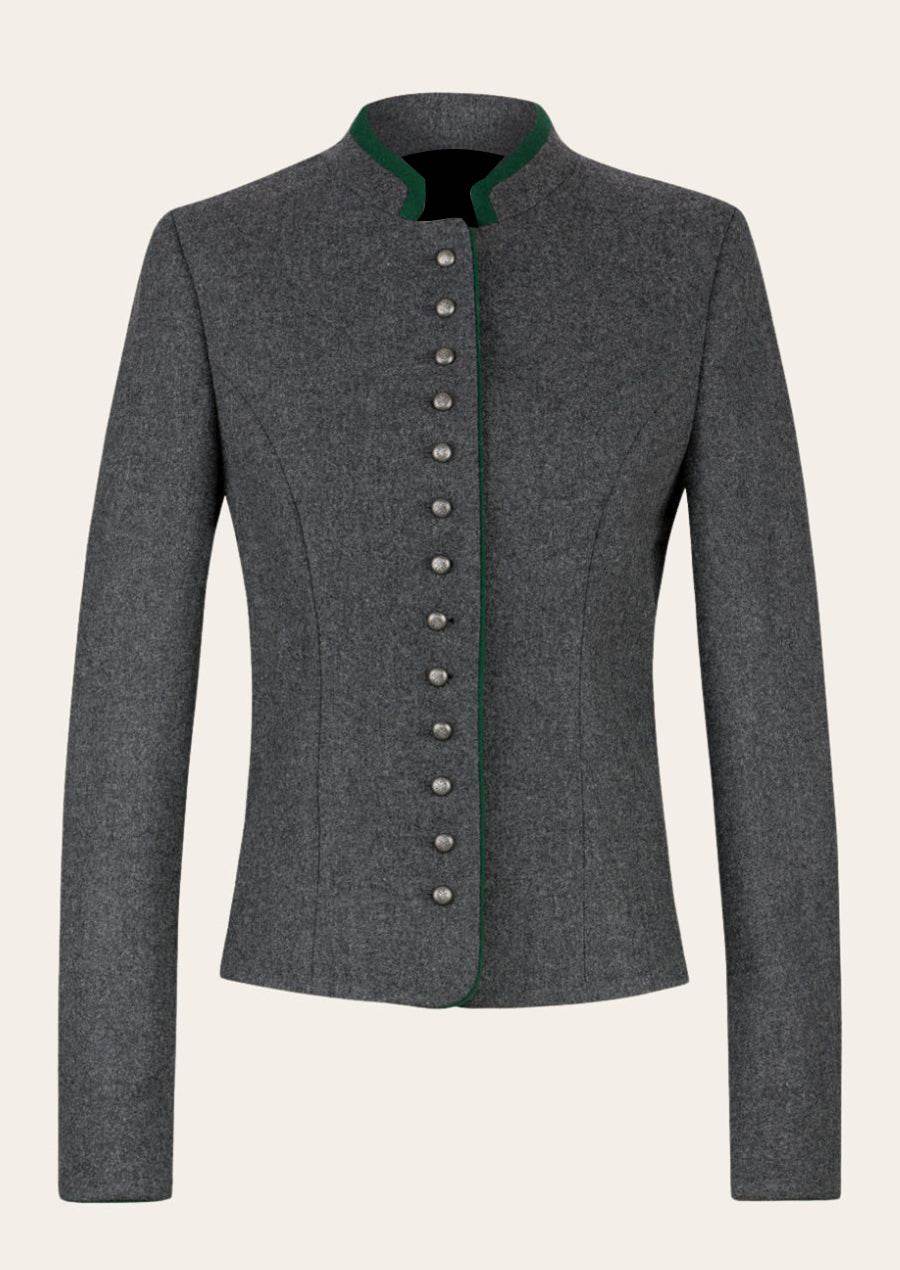Women’s dark gray traditional jacket with green trim and silver button placket