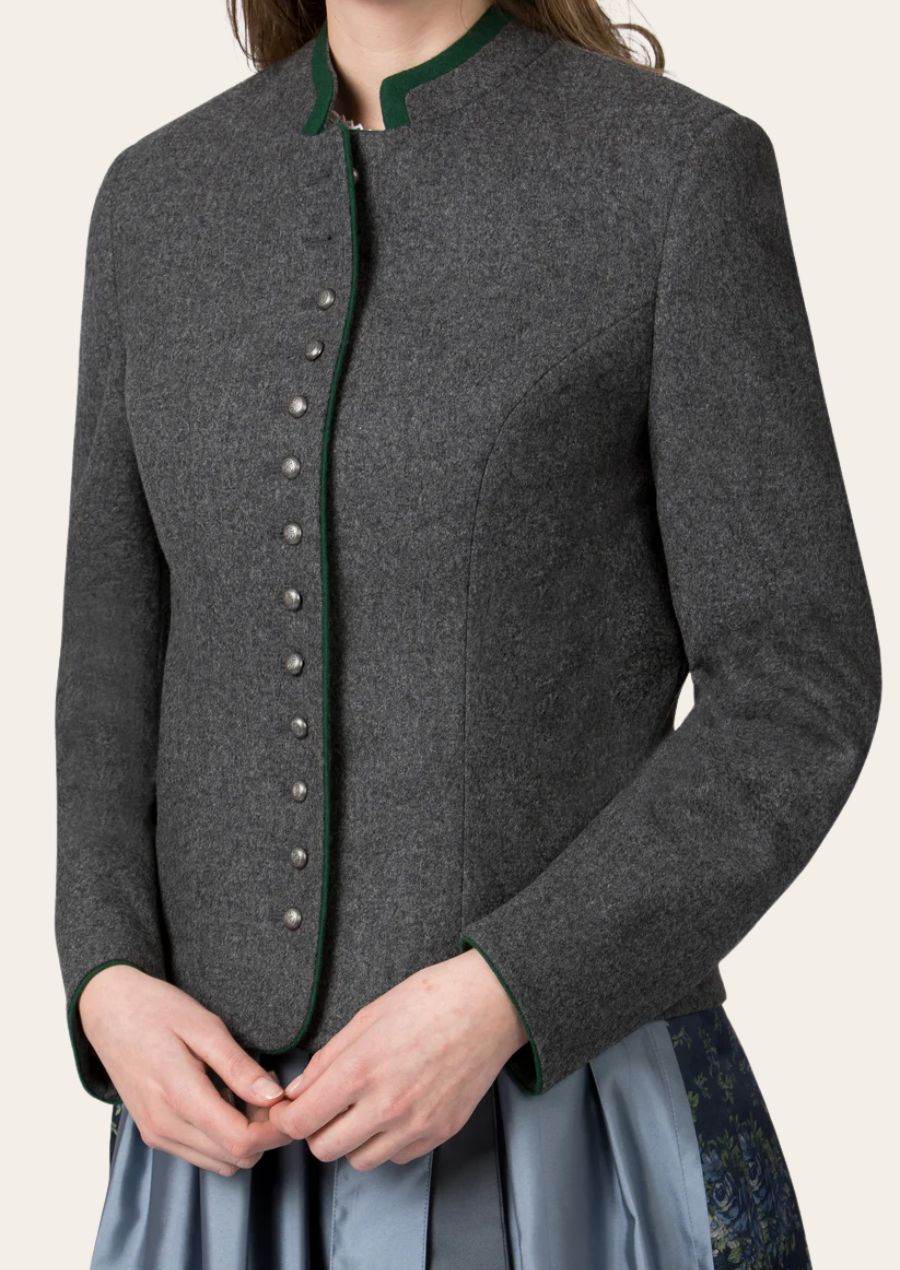 Dark gray women’s jacket with green stand collar, silver buttons, and side seam fit